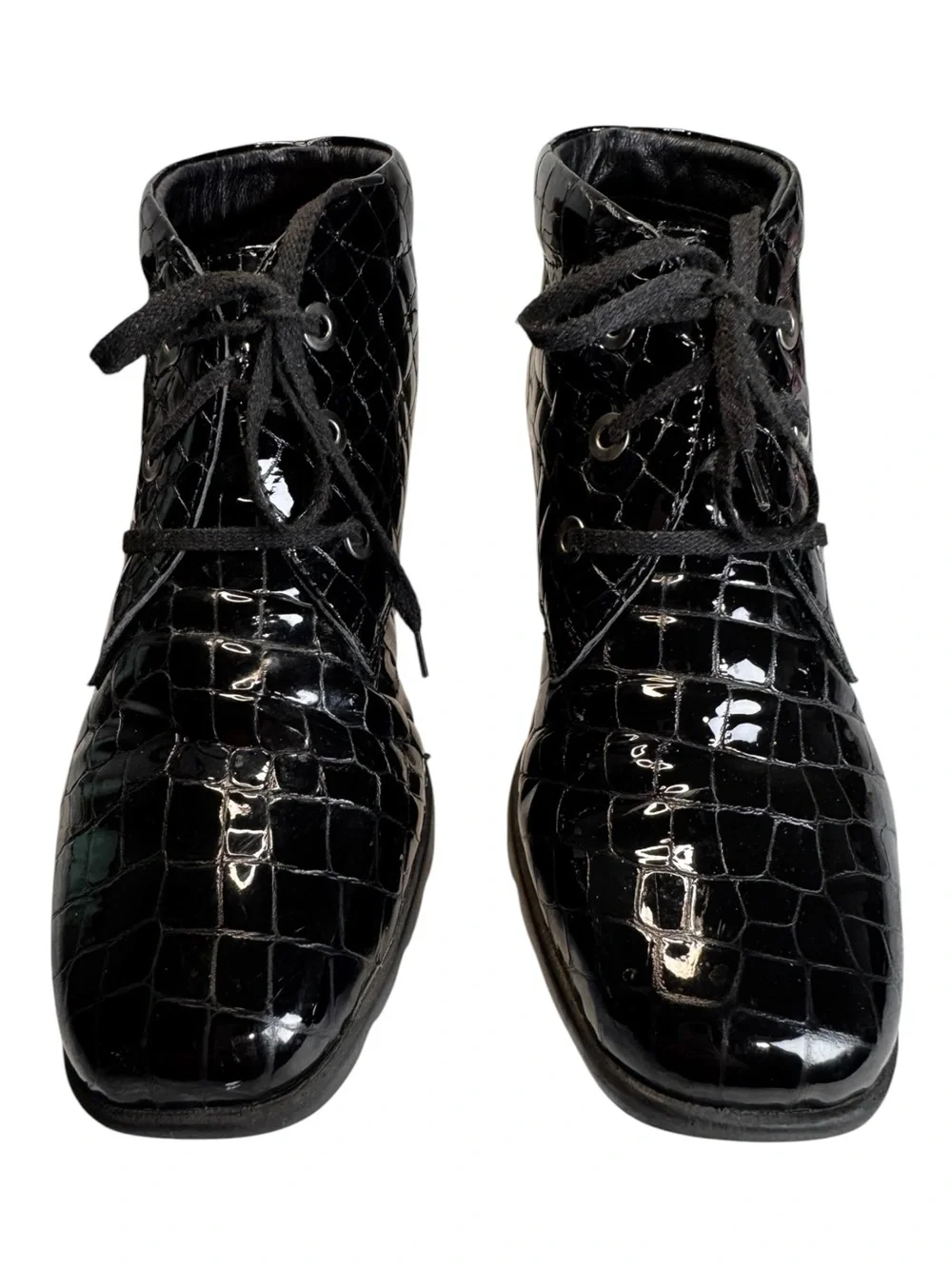 Josef Seibel Caren Croc Embossed Patent Leather Wedge Booties Black 38 7.5